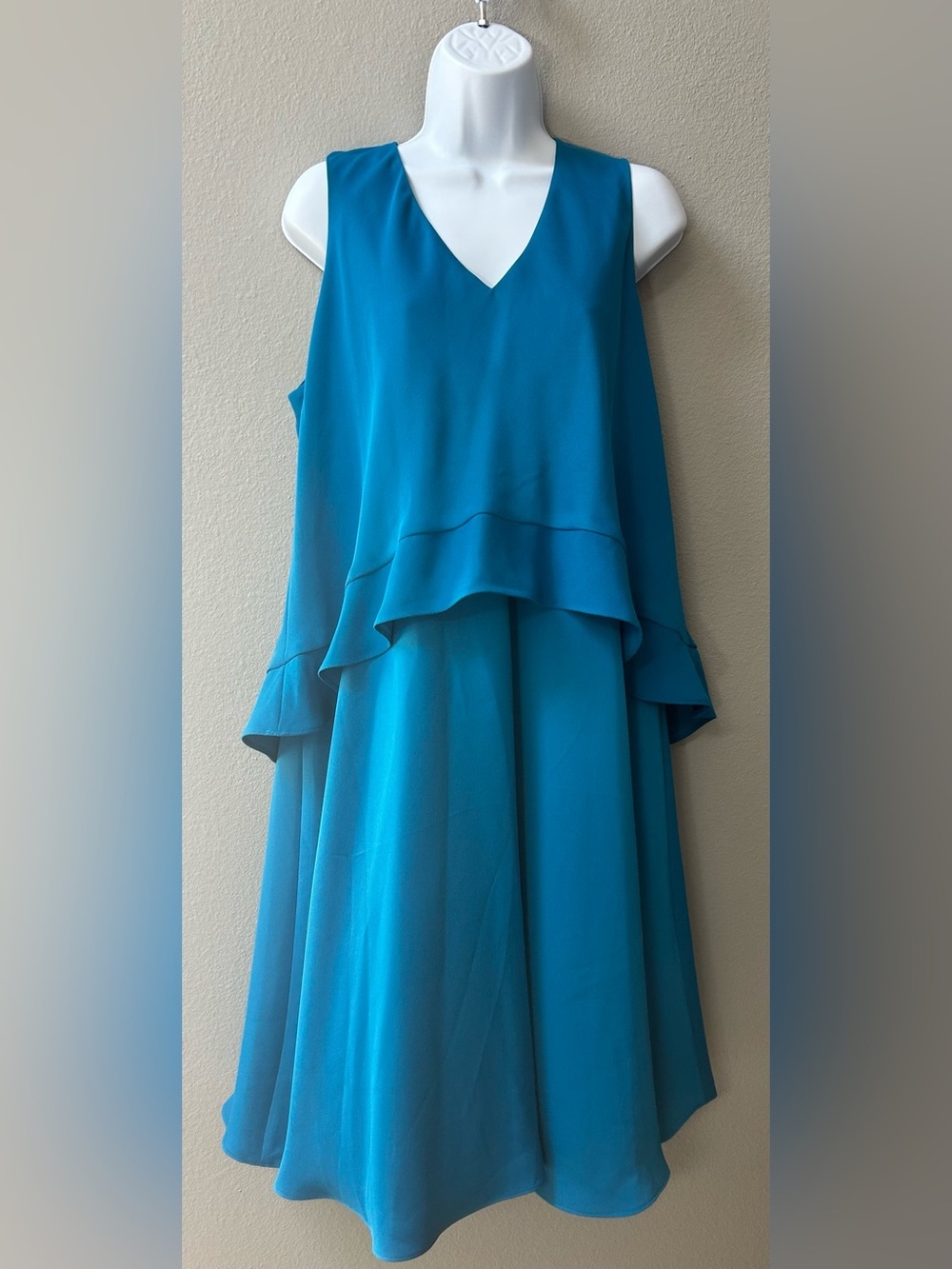 Ellen Tracy Teal V-Neck Tiered Midi Dress